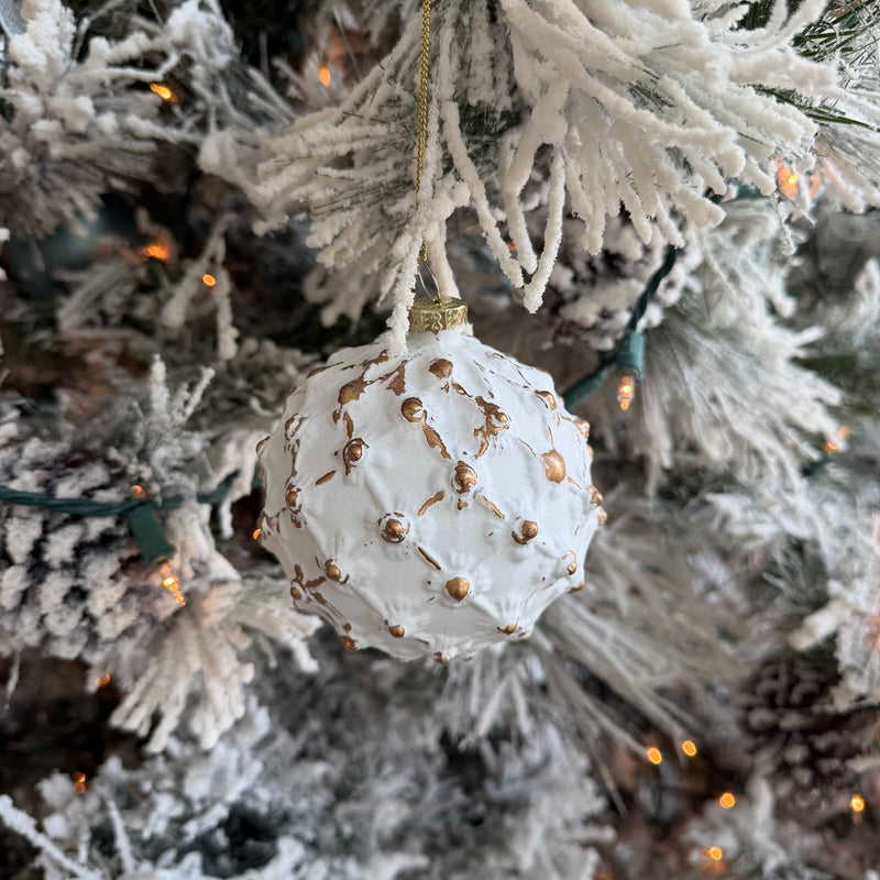 White and gold rustic lattice glass Christmas ornament, 4-inch vintage holiday decor for festive decoration.