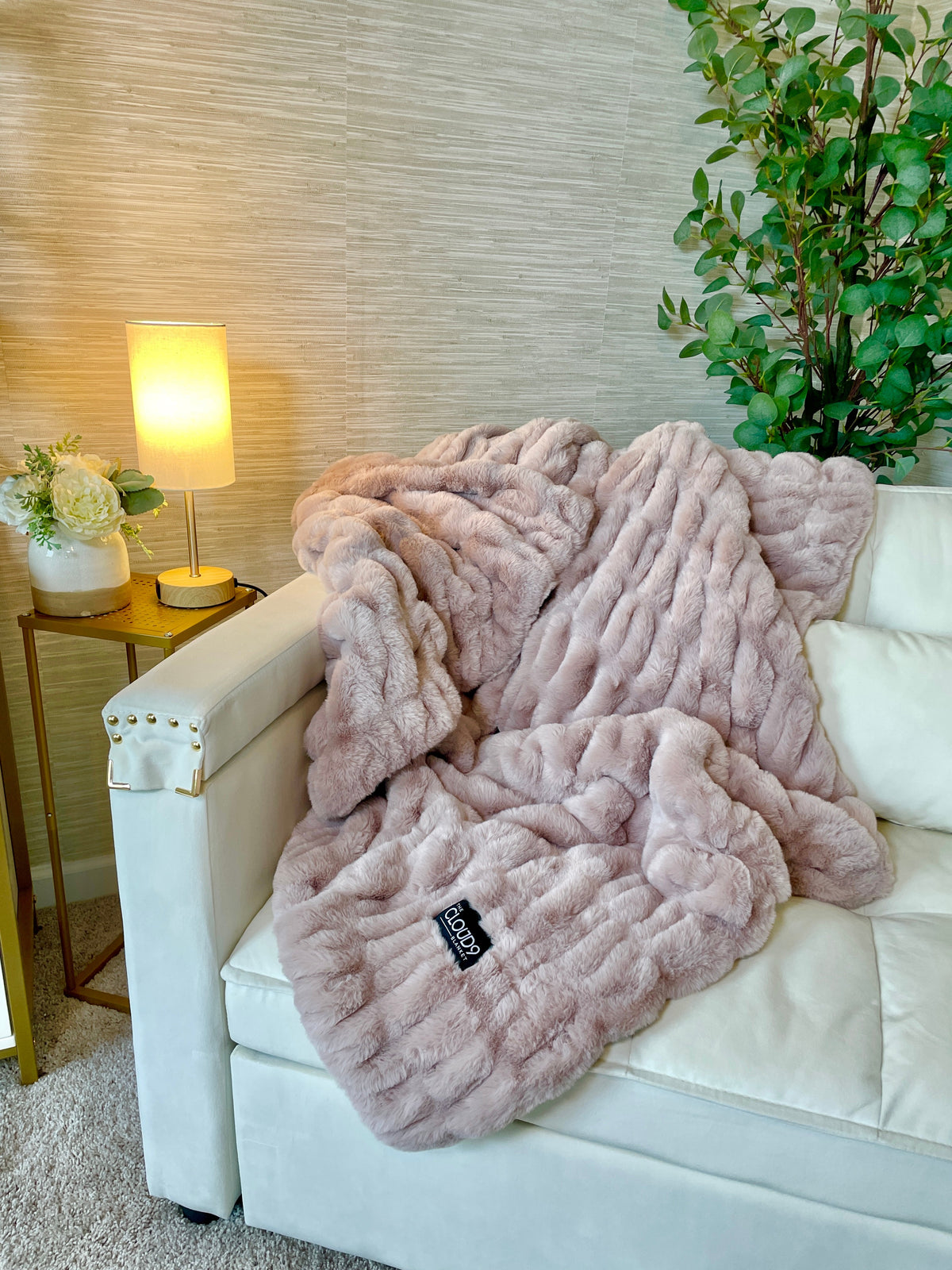 Large Cloud9 blush faux fur blanket, 60x72 inches, soft and plush with a cozy faux fur texture.