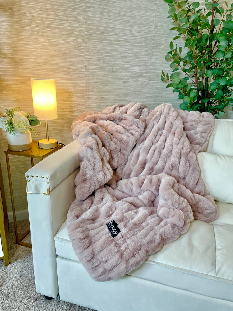 Large Cloud9 blush faux fur blanket, 60x72 inches, soft and plush with a cozy faux fur texture.