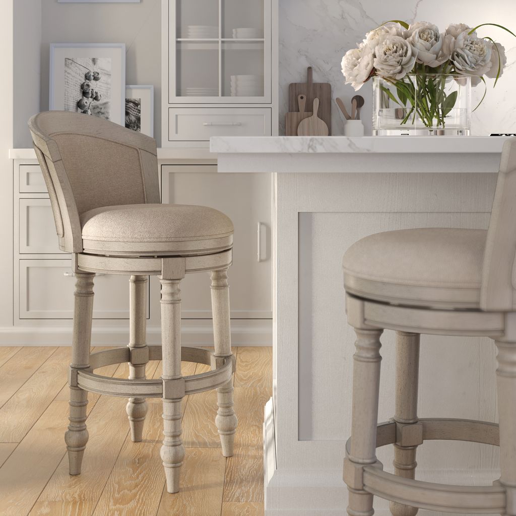 Carolina Barstool Kitty Hawk swivel stool in Uptown Grey and Beige, featuring a modern design with cushioned seat and wooden legs.