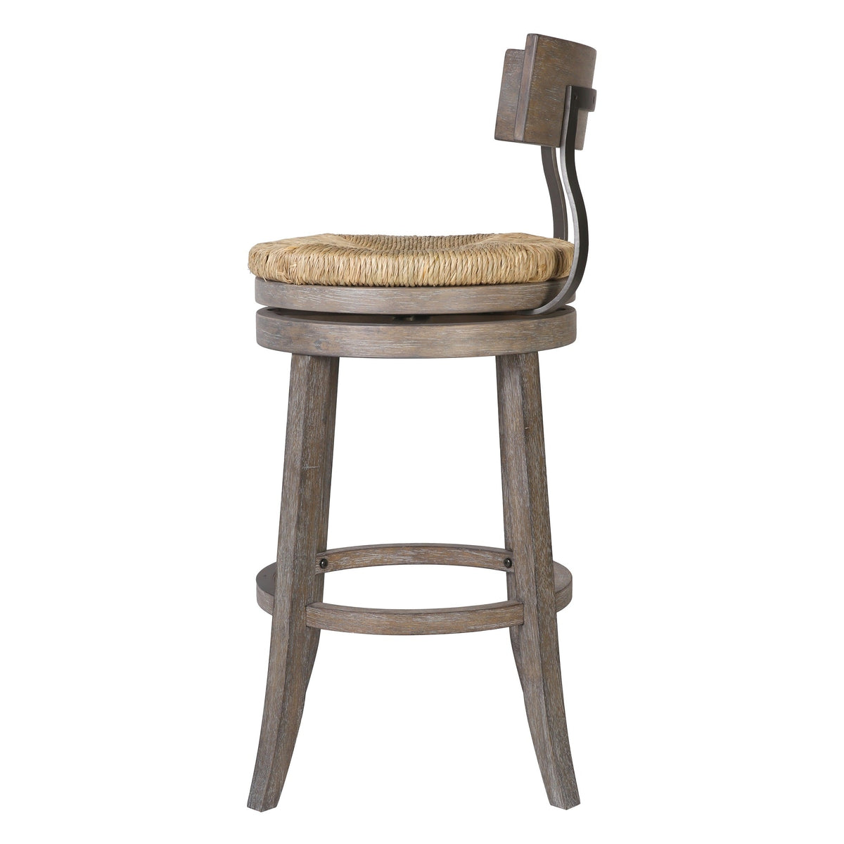 Gray Eden stool with seagrass seat by Carolina Barstool, showing a side view of this modern furniture piece.