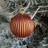 Copper glitter ribbed glass Christmas ornament, 3.5 inches, metallic holiday decor with a shiny finish and textured ribbed design.
