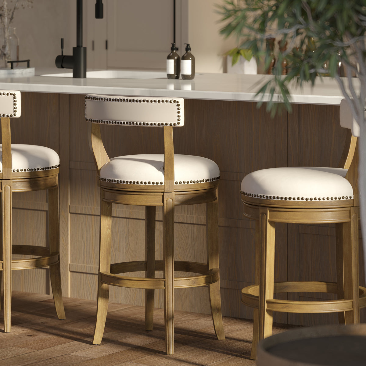 Carolina Barstool Morehead in Pecan wood with a linen upholstered seat, showcasing its stylish furniture design and natural finish.