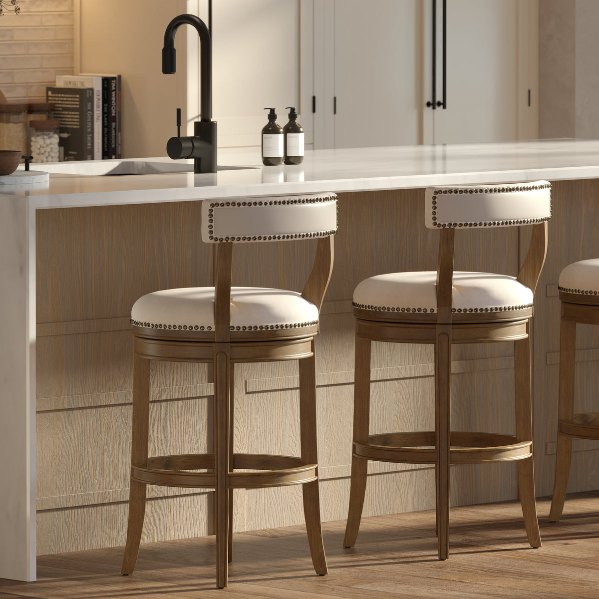 Carolina Barstool Morehead stool in pecan wood with linen seat, showcasing its stylish furniture design and natural finish.
