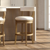 Carolina Barstool Morehead stool with a Pecan wood frame and linen seat, showcasing a stylish and comfortable furniture piece.