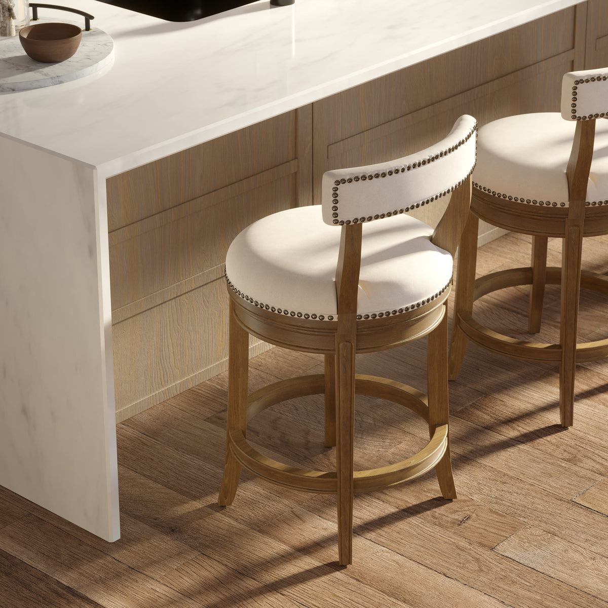 Carolina Barstool Morehead in Pecan wood with a linen cushioned seat, showcasing stylish furniture design.