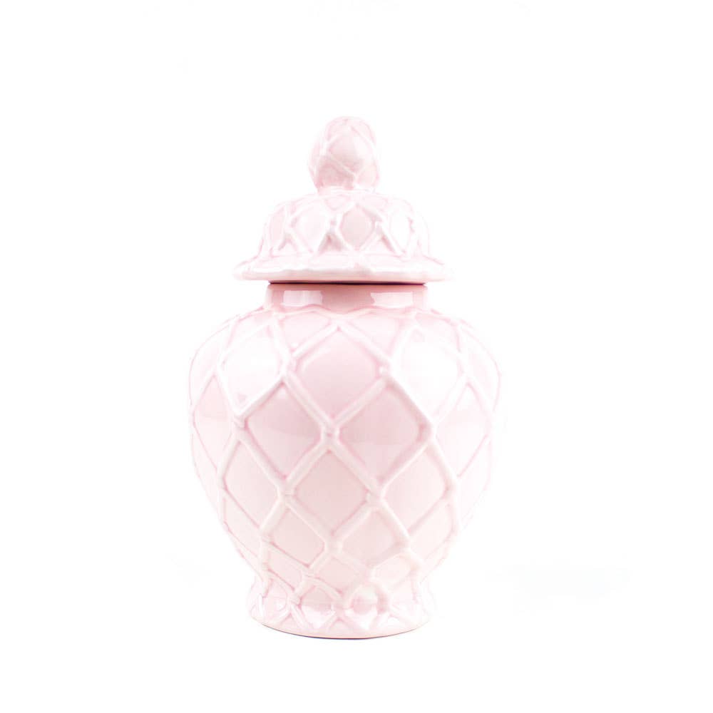 Pink textured ginger jar in three sizes, decorative ceramic container with intricate surface details from Shop Holly J Home