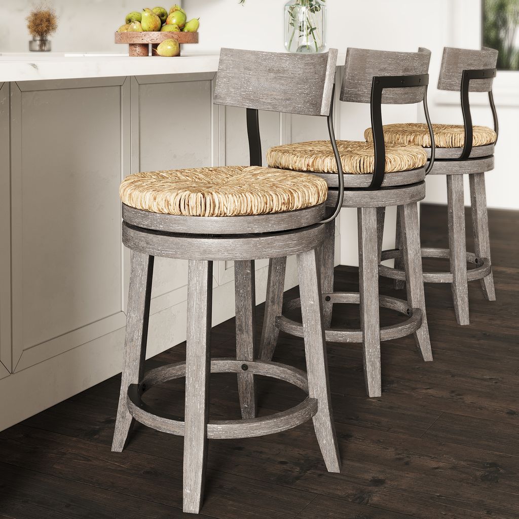 Gray Eden Stool with seagrass seat by Carolina Barstool, showcasing a stylish furniture piece with a textured, natural woven seat.