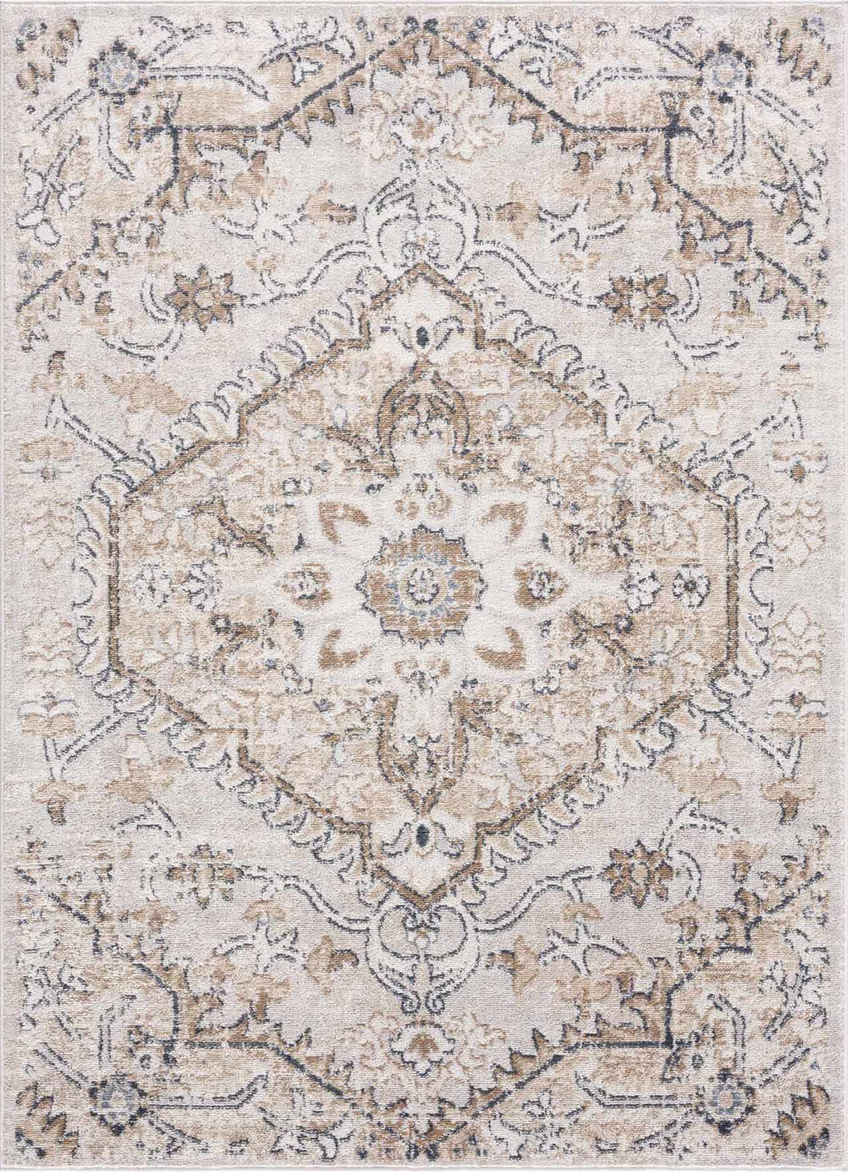 Hauteloom Mudgee Area Rug with intricate geometric design in neutral tones, showcasing soft woven texture and stylish pattern.