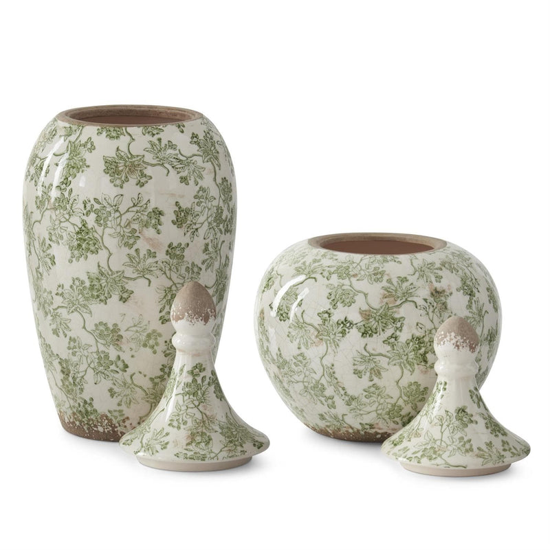 Set of 2 green and cream crackled ceramic chinoiserie ginger jars with lids, decorative vases for home decor.