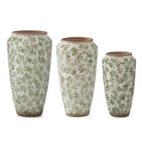 Set of three green and cream crackled ceramic chinoiserie vases, decorative ginger jars in various sizes for home decor.