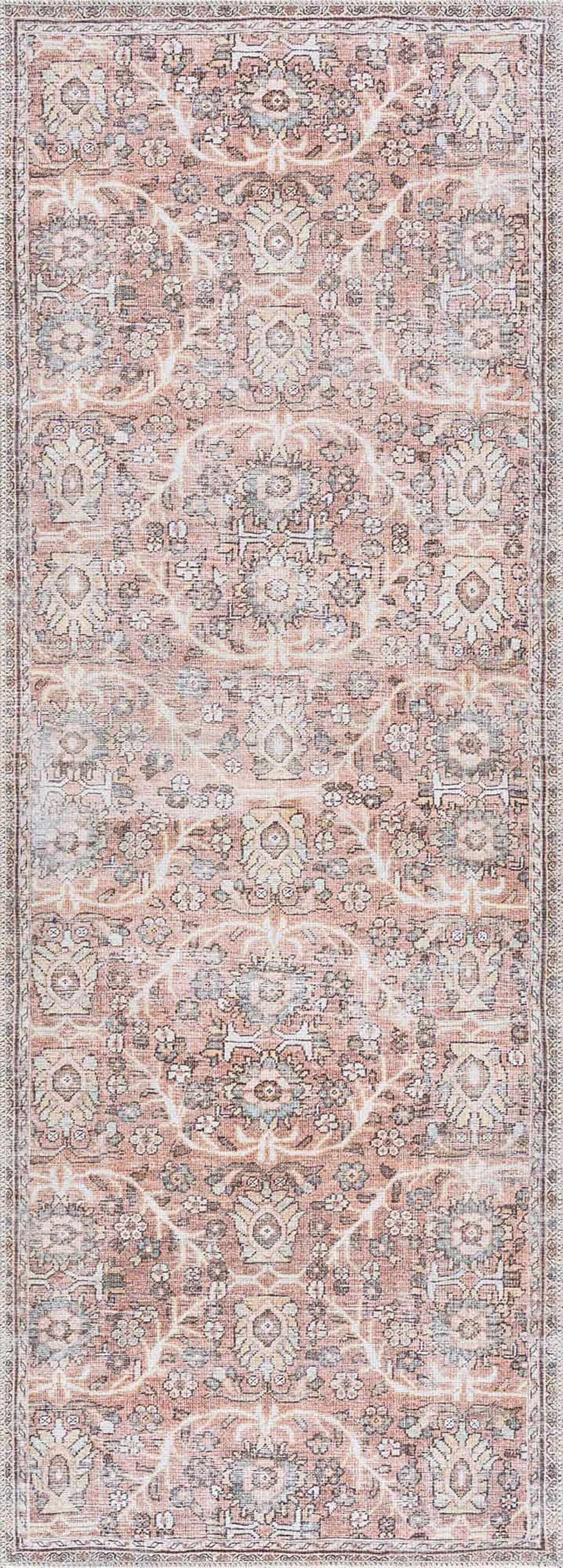 Hauteloom Urpi Rose and Brown washable area rug with floral and geometric patterns, soft texture, and vibrant colors.