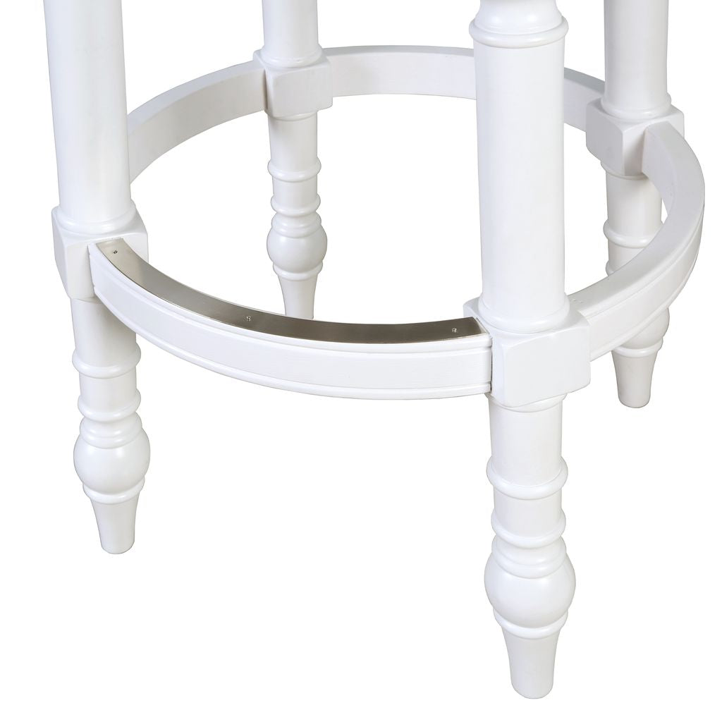 Close-up of Carolina Barstool Gastonia swivel stool in white with a cushioned seat and metal base, showcasing modern furniture design.