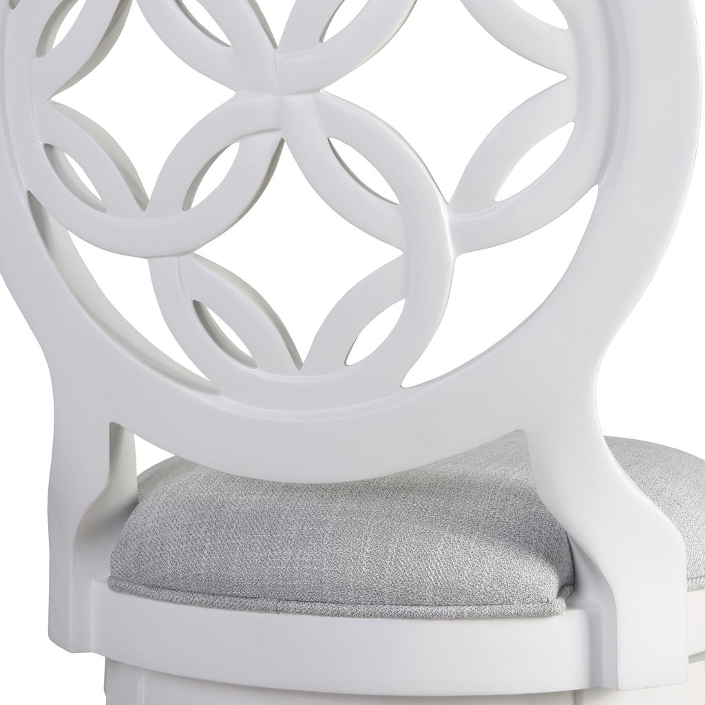 Close-up of Carolina Barstool's Gastonia white swivel stool showcasing the sleek, modern furniture design with a cushioned seat.