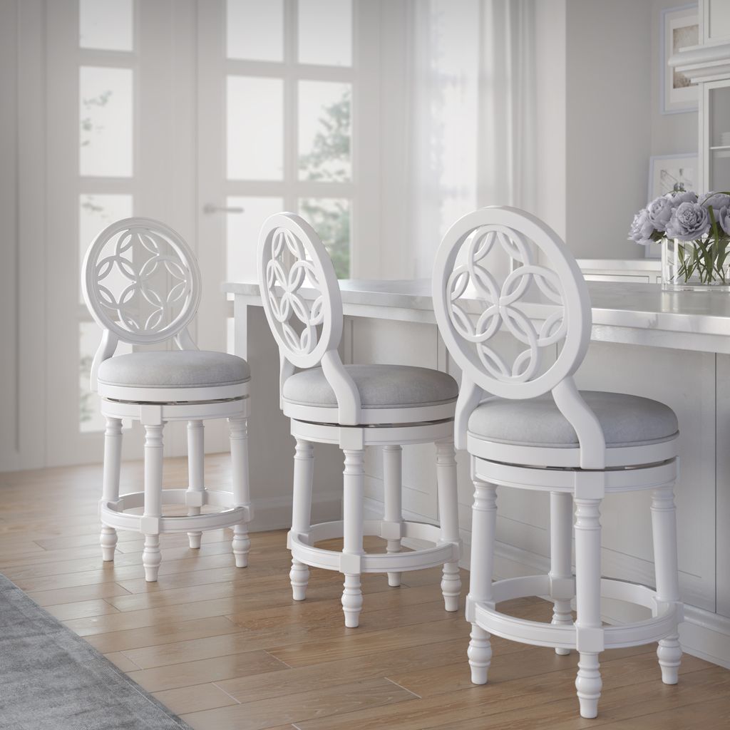 White Gastonia swivel stool by Carolina Barstool, featuring a modern design with a cushioned seat and adjustable height.