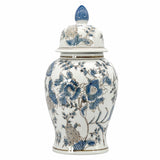 White and blue Chinoiserie ginger jar, 14-inch decorative ceramic jar with intricate Asian-inspired patterns.