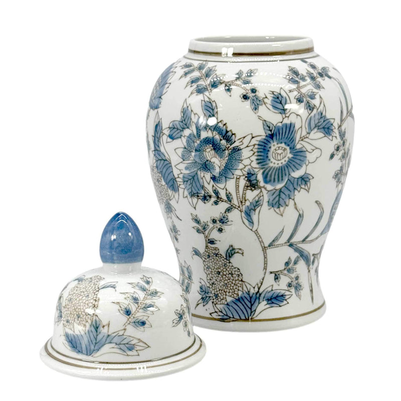 White and blue Chinoiserie ginger jar, 14-inch decorative ceramic vase with intricate Asian-inspired patterns.