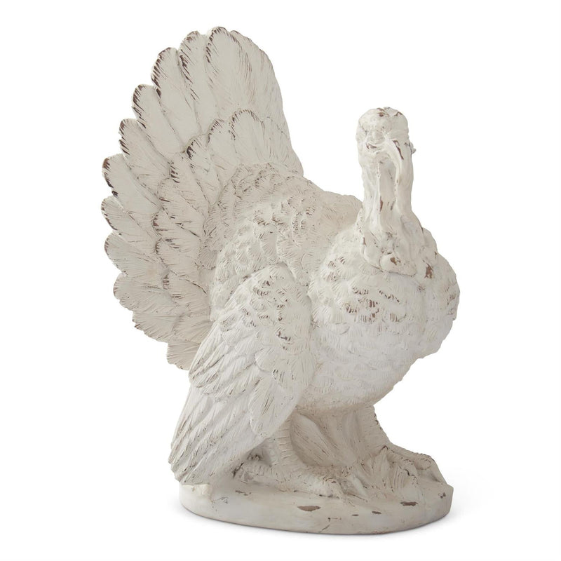 Whitewashed resin turkey figurine, 10-inch Thanksgiving fall decor, perfect for holiday table or mantel display.