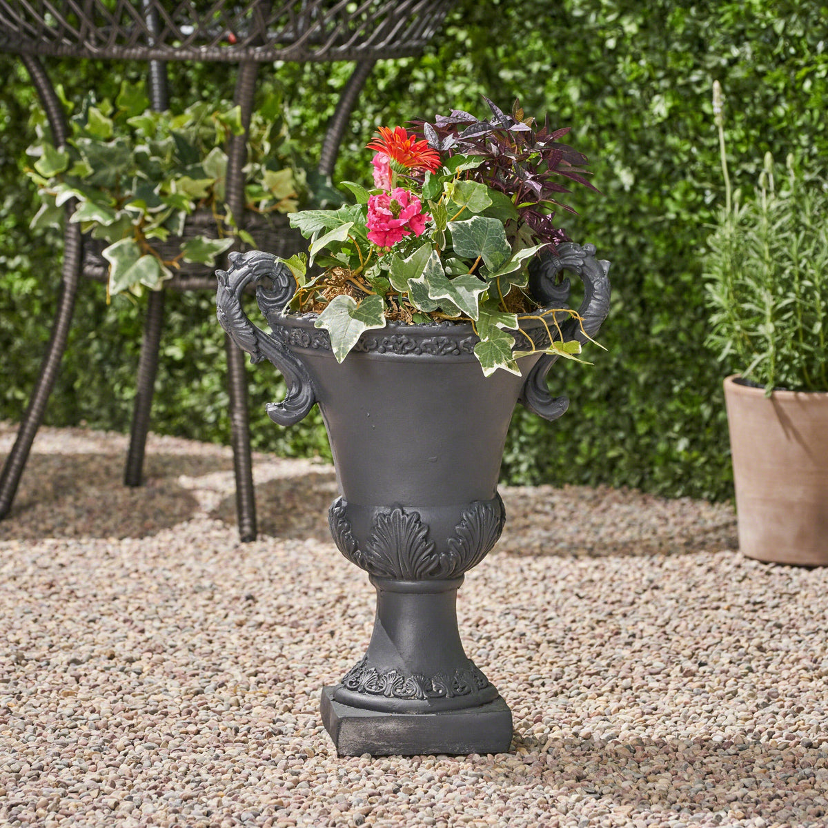 HouseOfZazla Delphine Urn Planter with intricate design, perfect for indoor or outdoor decorative plant display.