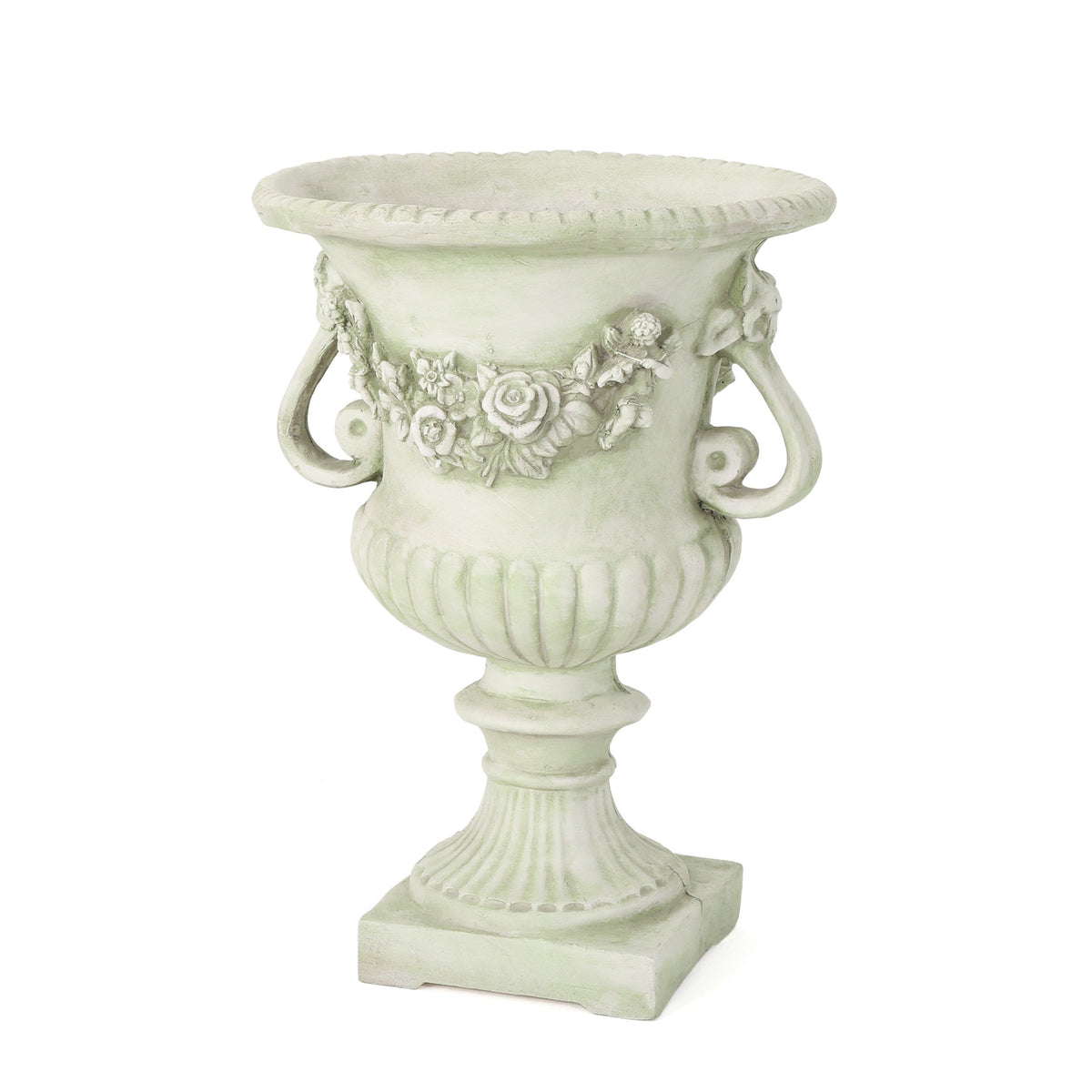 White MGO Garden Urn Planter by HouseOfZazla featuring a classic, durable magnesium oxide design suitable for outdoor gardening.