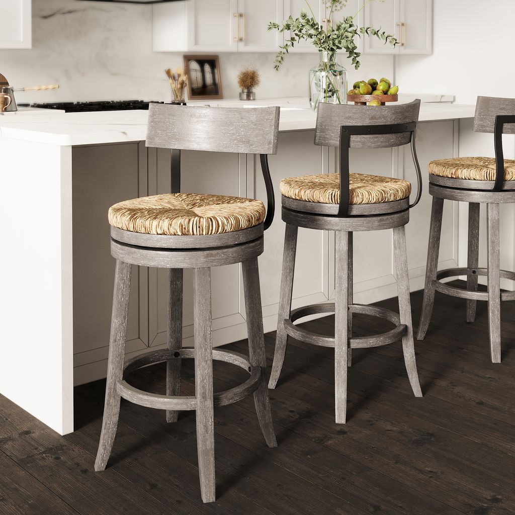 Gray Eden Stool with seagrass seat by Carolina Barstool, showcasing a stylish furniture piece with a woven seagrass top.