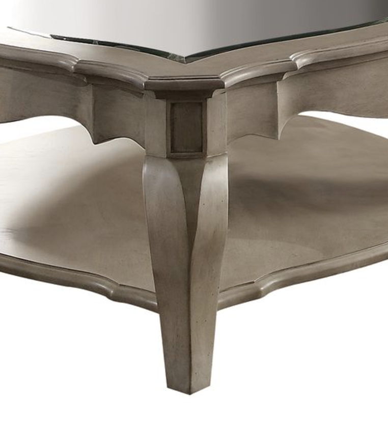 HouseOfZazla Chelmsford clear glass coffee table with beveled top and shelf, featuring a taupe finish and modern design.