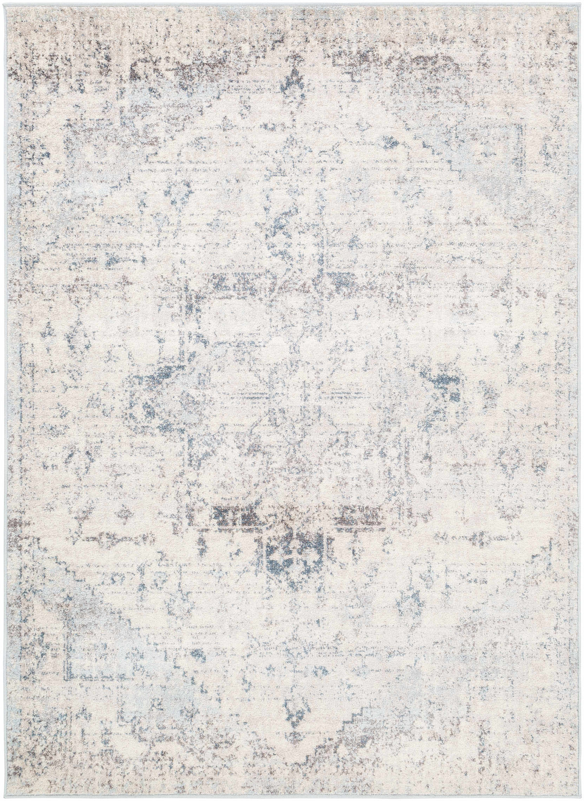 Hauteloom Orrick area rug with intricate geometric patterns in neutral tones, made of soft, durable fabric for living room decor.