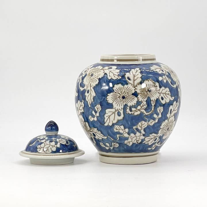 Blue and white Chinoiserie floral jar vase, 10.5 inches tall, with intricate Asian-inspired design, perfect for decorative floral arrangements.