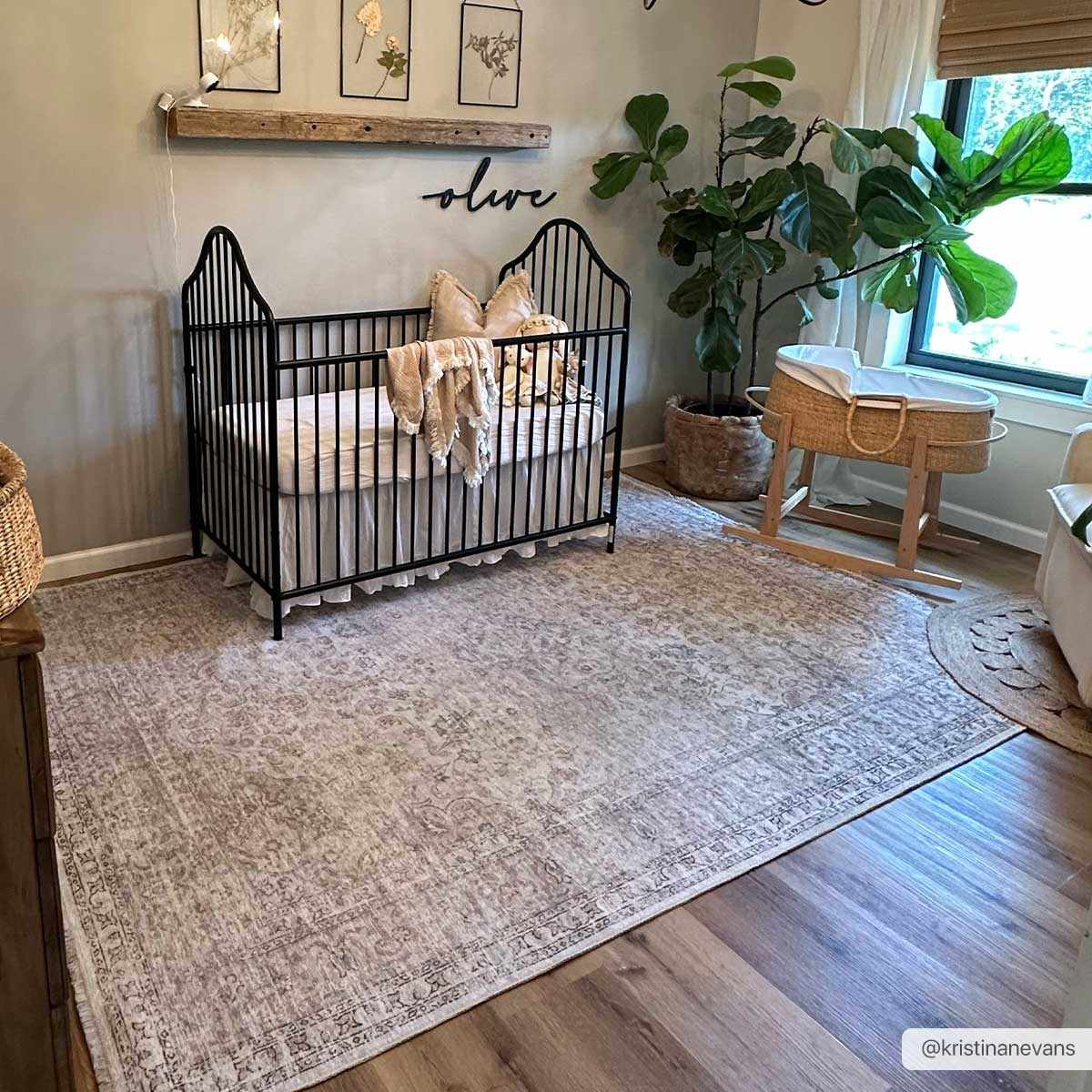 Cream washable area rug by Hauteloom, 6x9 feet with a soft, textured surface and intricate pattern in a light cream color.