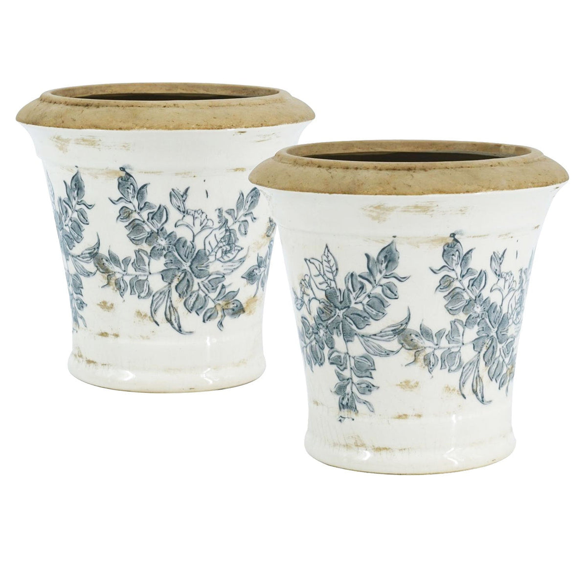 Pair of HouseOfZazla ceramic planters with black and white floral pattern, 7.1-inch square pots for indoor plants.