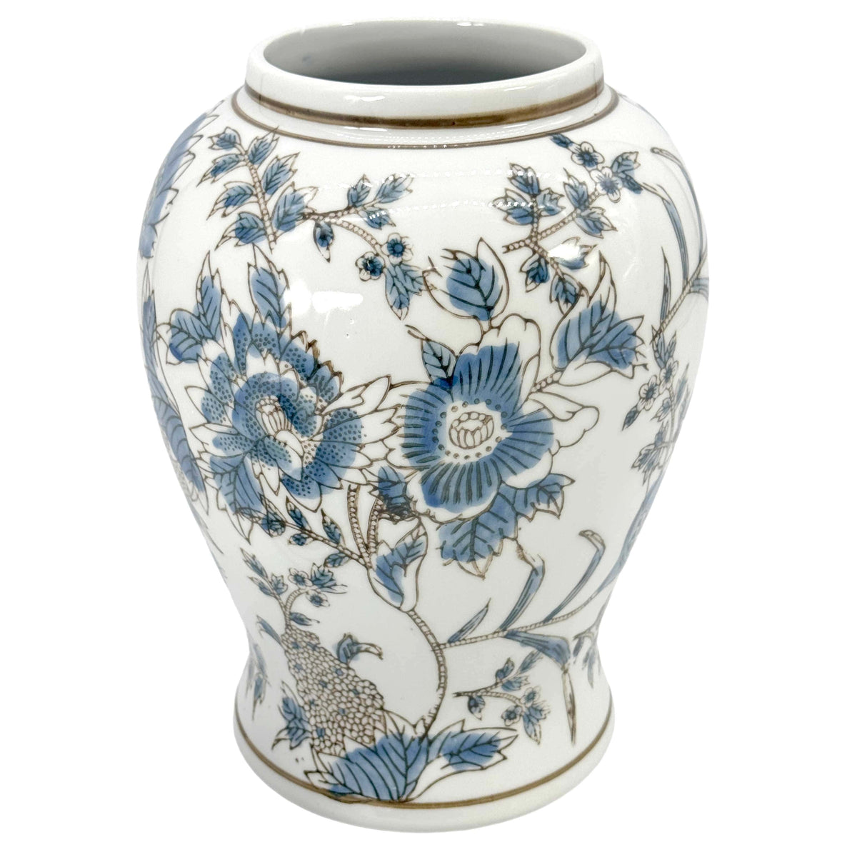 White and blue Chinoiserie ginger jar, 14-inch ceramic vase with intricate Asian-inspired patterns, crafted by Shop Holly J Home.