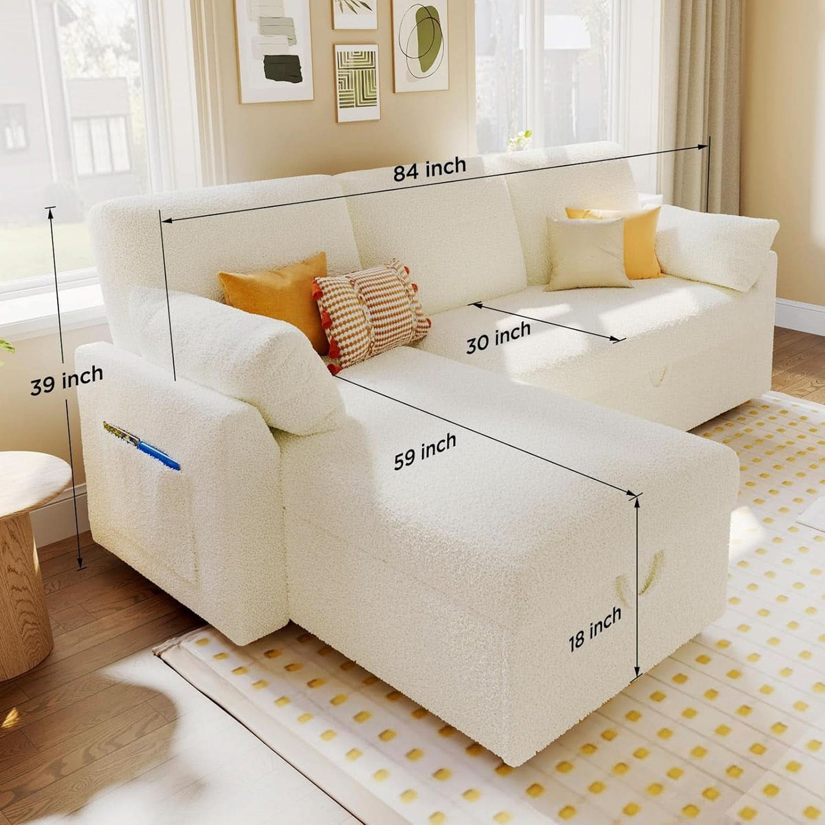 Sleeper Sofa Bed With Storage Chaise In White Boucle-1