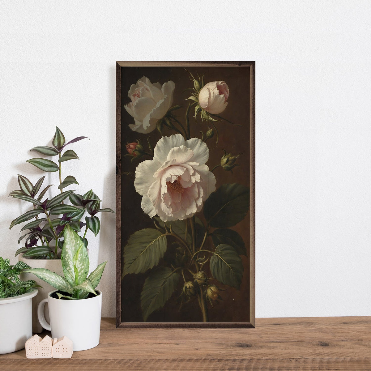 Vintage ivory peonies floral artwork in Kendrick Home walnut frame, showcasing elegant, detailed peony blooms for home decor.