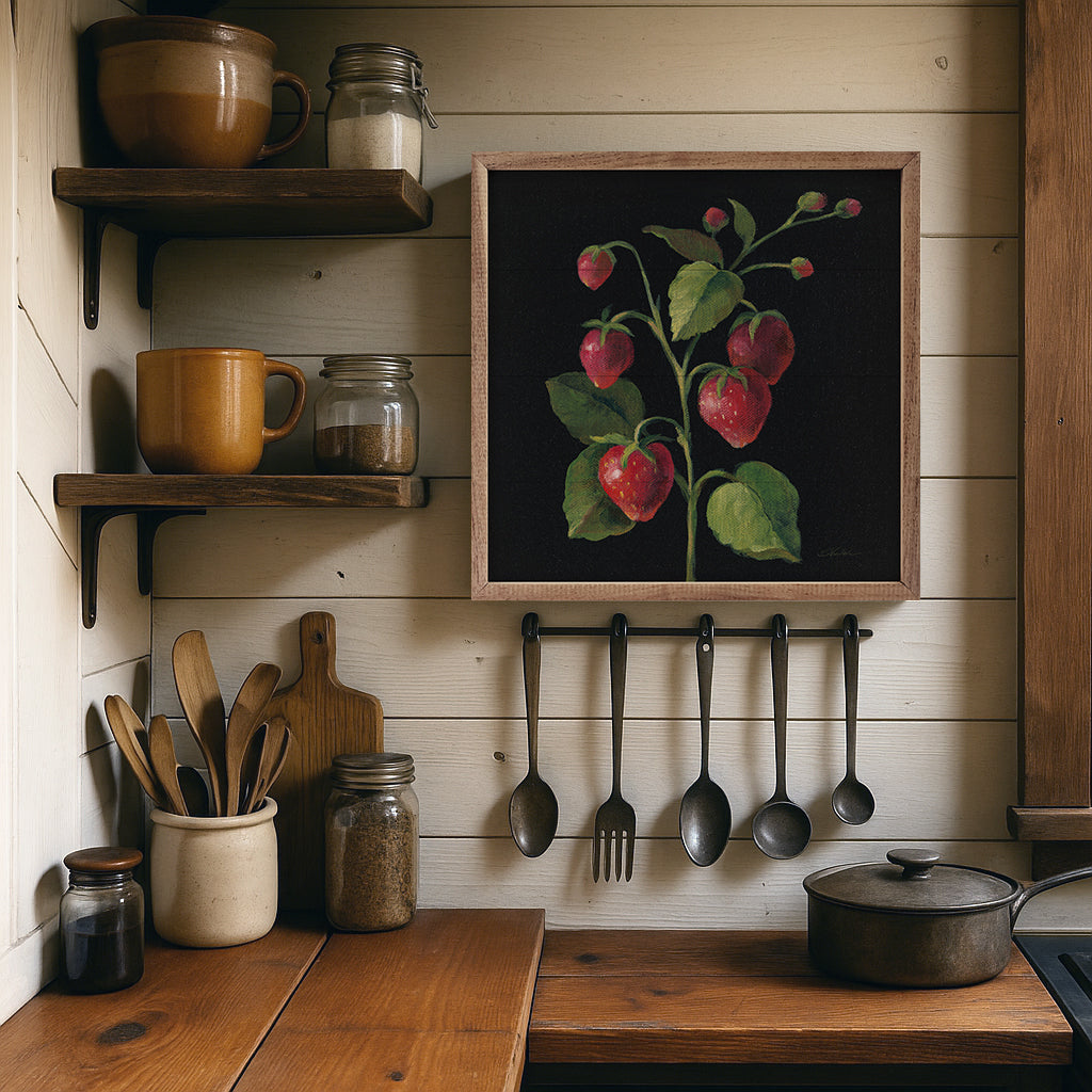 Walnut frame from Kendrick Home featuring Fraise by Silvia Vassileva artwork, showcasing detailed design and rich wood texture.