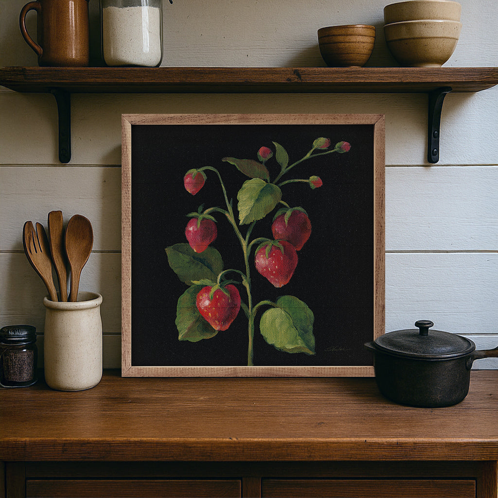 Fraise by Silvia Vassileva walnut framed artwork in a sleek Kendrick Home walnut frame, showcasing detailed design and craftsmanship.