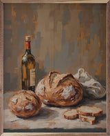 Walnut frames holding fresh sourdough bread on a kitchen counter, featuring Kendrick Home's stylish bread display setup.