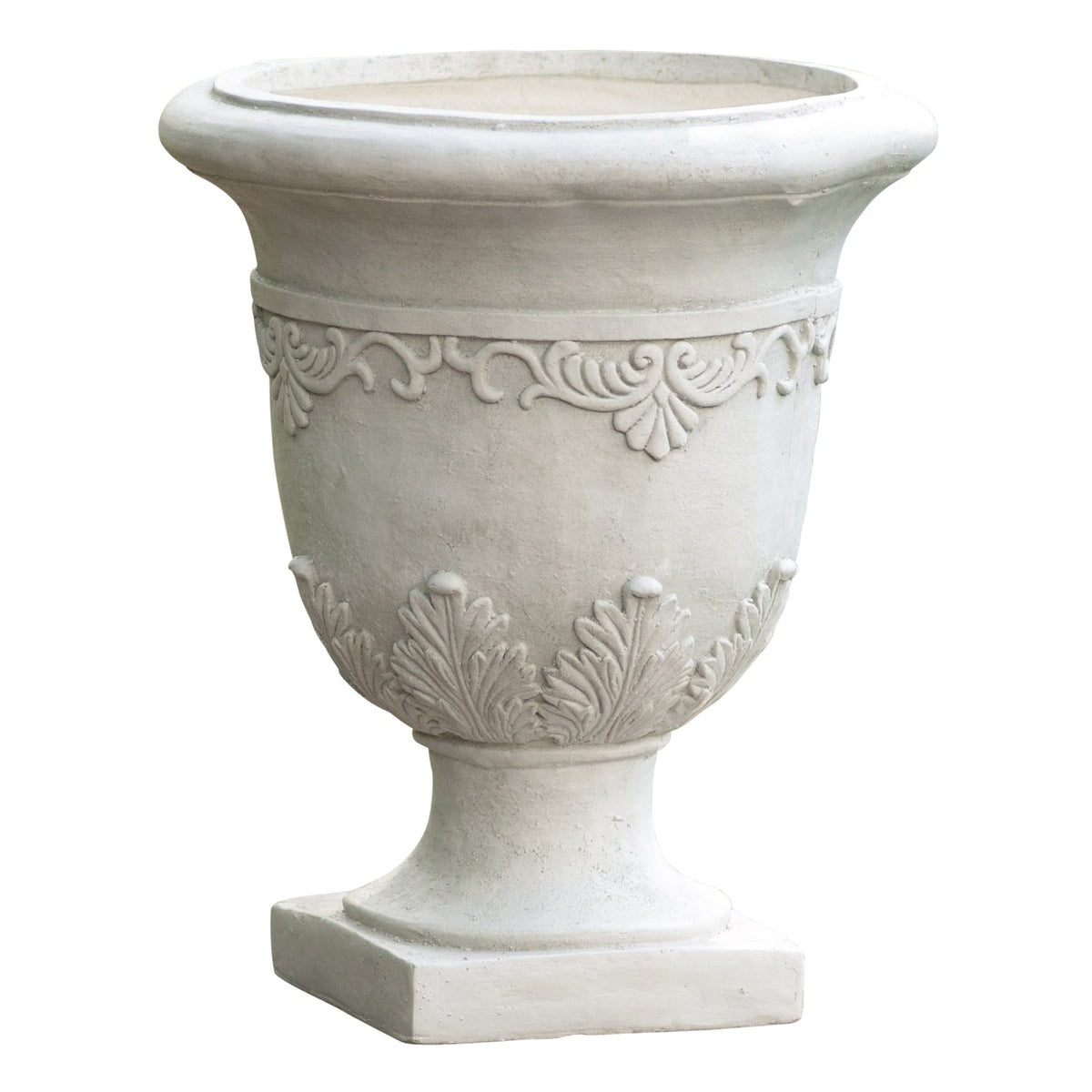 Antique white Moroccan urn planter made of durable magnesium oxide with intricate design, ideal for indoor or outdoor decoration.