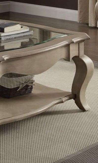 Chelmsford clear glass coffee table with beveled top and shelf, featuring a taupe finish from HouseOfZazla.