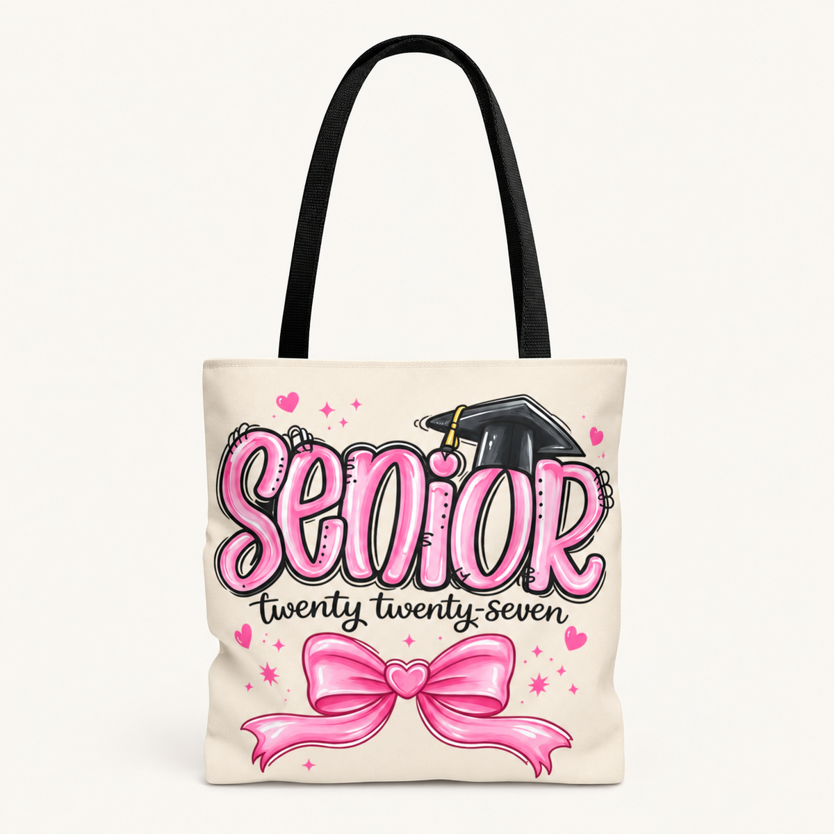 Beige Senior 2027 Tote Bag | Pink Bow Graduation Class of 2027 Gift