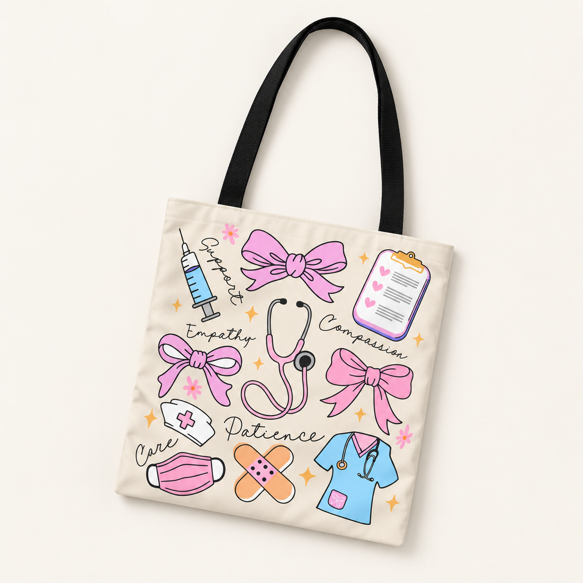 Beige Nurse Life Doodle Tote Bag | Cute Healthcare & Nursing Bag
