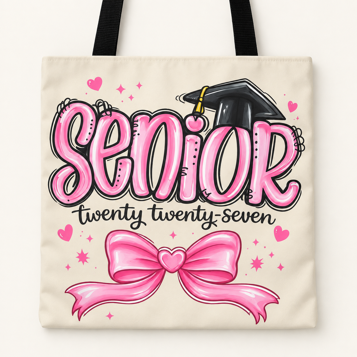 Beige Senior 2027 Tote Bag | Pink Bow Graduation Class of 2027 Gift