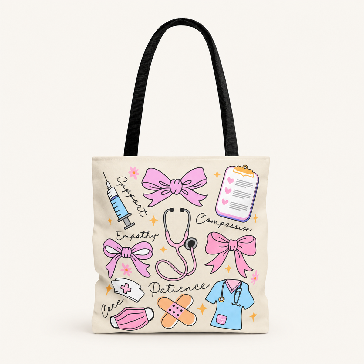 Beige Nurse Life Doodle Tote Bag | Cute Healthcare & Nursing Bag