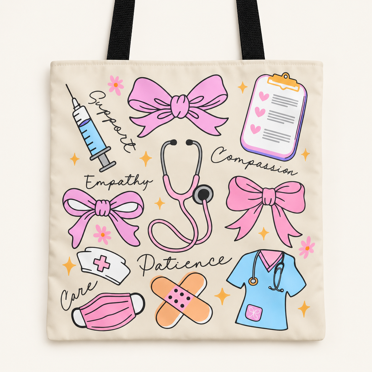 Beige Nurse Life Doodle Tote Bag | Cute Healthcare & Nursing Bag