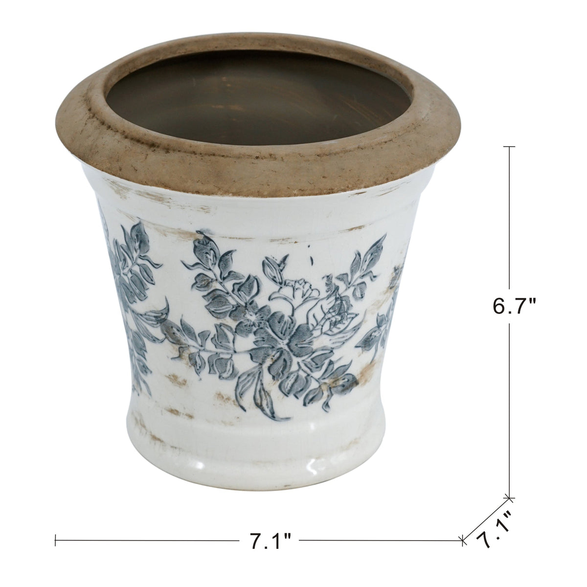 Set of two ceramic planters with floral pattern in white and black, measuring 7.1 inches, ideal for indoor plants.