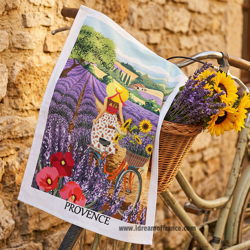 French kitchen towel by I Dream of France featuring printed cotton with Provence lavender hills design.