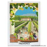 French Provence Winery cotton kitchen towel by I Dream of France with printed vineyard design on white fabric.