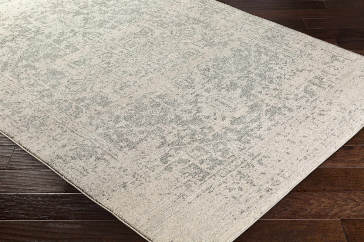 Corner view of Hauteloom Rachel area rug featuring a stylish, textured design in neutral tones for modern home decor.
