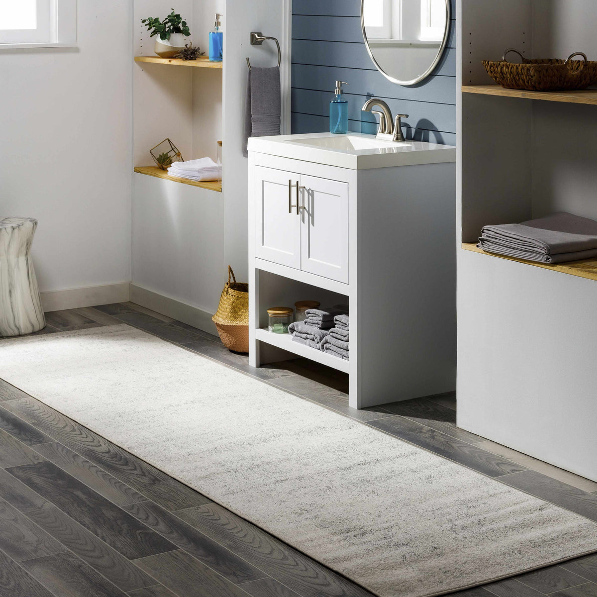 Hauteloom Rachel area rug in neutral tones displayed in a modern living room setting, showcasing its soft texture and stylish design.