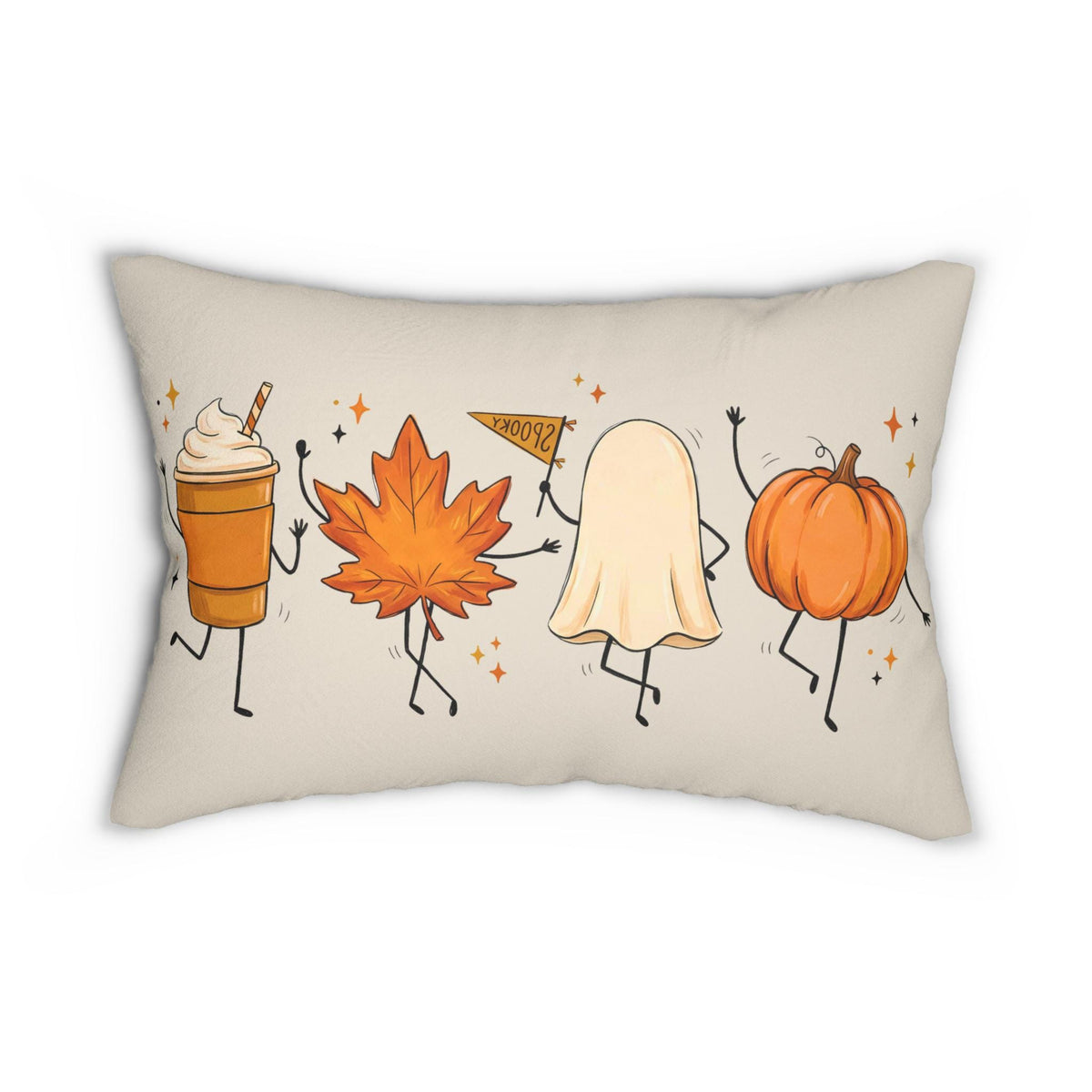 Autumn Friends lumbar pillow by BlackbirdOak with pumpkin, ghost, and maple leaf fall design, soft fabric, and cozy decor style.
