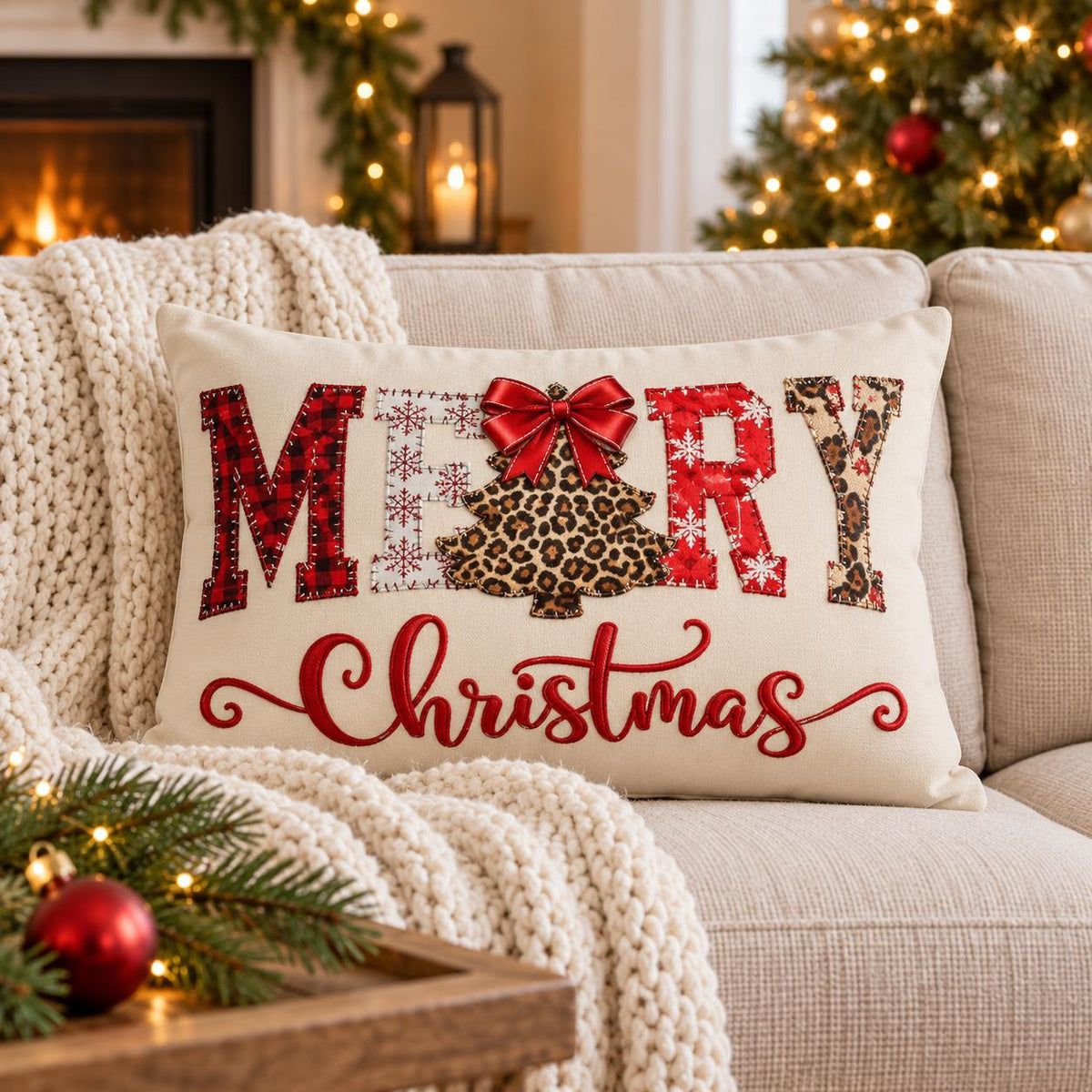 BlackbirdOak Merry Christmas leopard tree lumbar pillow with festive holiday leopard print and cozy design.